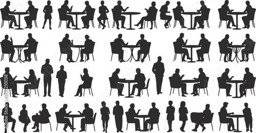 Silhouettes of people sitting and standing around tables in various poses untitled illustration