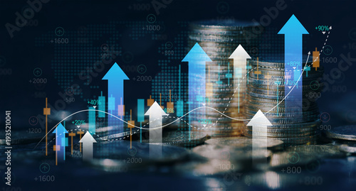 Investment Concept with Coin Stack and Financial Graph. Business Finance Market Chart for Capital Gain, Global Economic Growth and World Money.