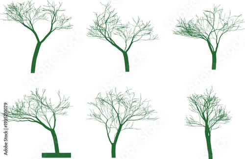 Six stylized bare trees with green outlines and solid trunks stand against a clean white backdrop