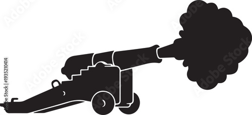Old cannon firing smoke cloud silhouette illustration for historical war battle scene vector