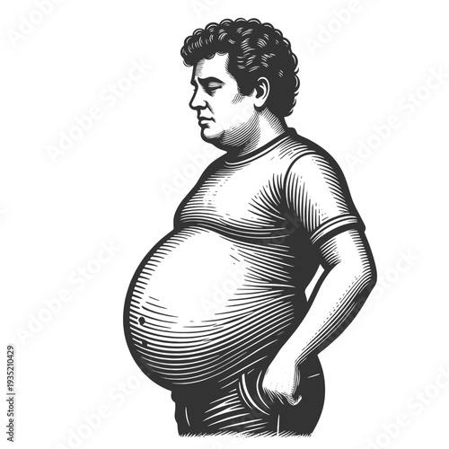 overweight adult man in side profile highlighting abdominal obesity and unhealthy lifestyle concept sketch engraving generative ai vector illustration. Scratch board. Black and white image.