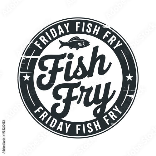 Vintage style circular badge announcing a friday fish fry event