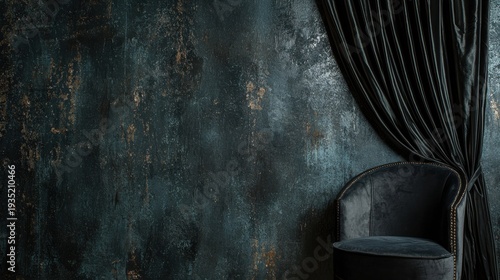 A black velvet armchair sits against a dark green wall, with a black curtain hanging to the right.