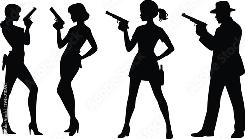 Silhouettes of Four People Holding Guns on White Background woman