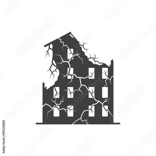 Icon depicting a damaged, dilapidated building with shattered windows and cracked walls, symbolizing destruction or disaster