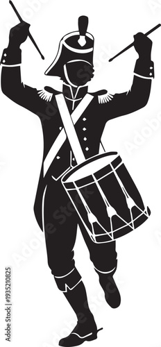 Patriot soldier drummer silhouette with drum and drumsticks ready for parade