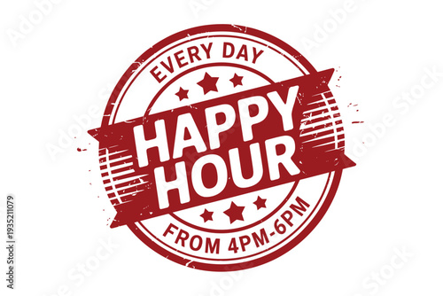 A circular red stamp displaying happy hour with time details
