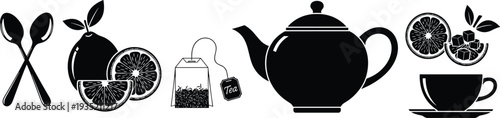 Tea accessories and citrus ingredients icons including spoon lemon slices and teabag beverage preparation concept isolated on white background vector illustration