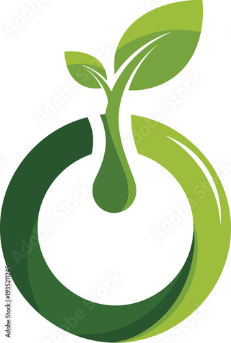 Fresh green plant sprout with leaves emerging from a water drop inside a circular symbol representing natural sustainable ecological growth