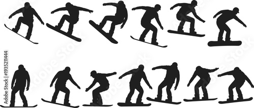 Collection Of Snowboarder Silhouettes In Action Poses On White snowboarding