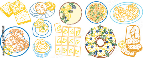 Trendy hand drawn lemon food vector set featuring cake, cookies, pie, pasta and dessert. Food illustration in doodle style perfect for menu design, packaging, social media, branding and kitchen decor.