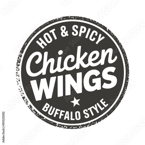 A circular badge promoting hot and spicy buffalo style chicken wings