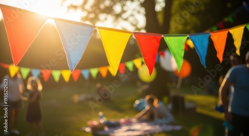 Colorful bunting flags at summer garden party, festive outdoor celebration banner, vibrant picnic event decoration