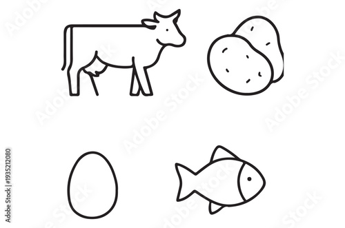 Simple line drawings depict a cow potatoes egg and a fish