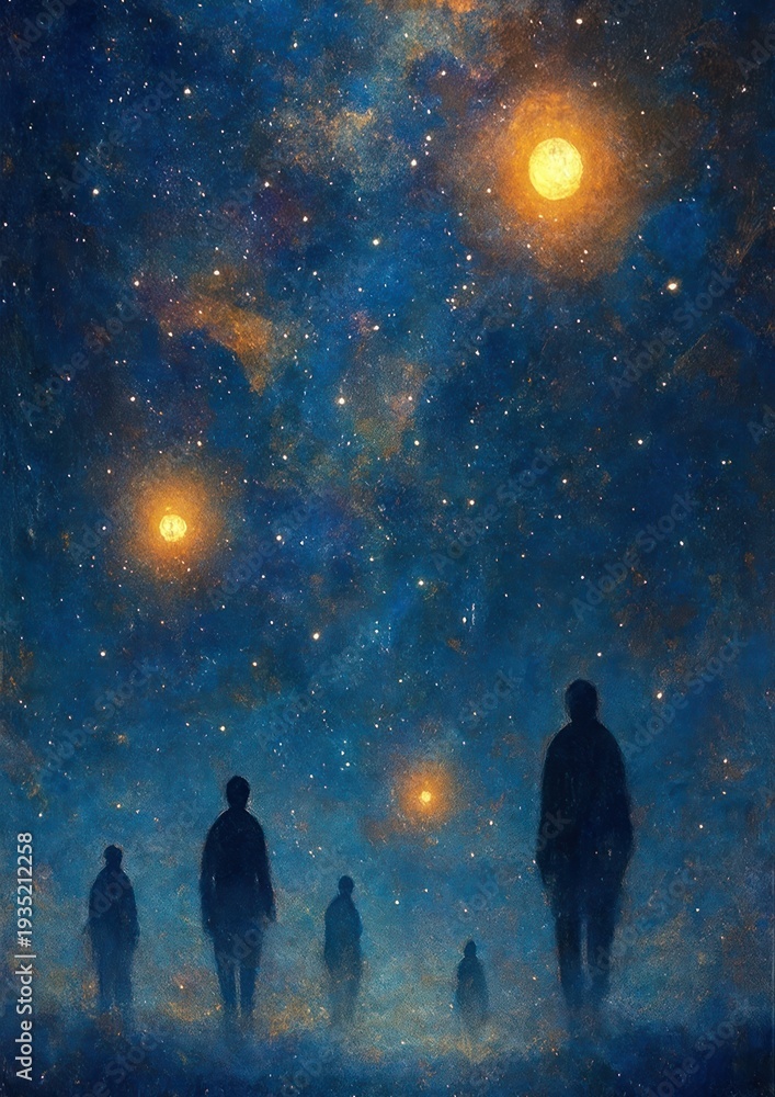 Fototapeta premium Mystical silhouettes under starry sky.