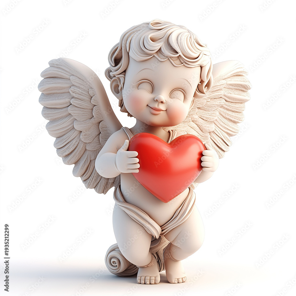 Naklejka premium small angel smiles while holding a red heart. angel has curly hair and wings, standing isolated on white background. setting looks bright and clean