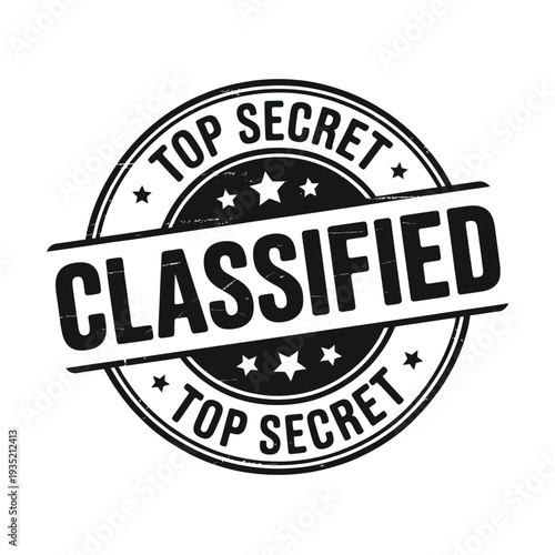 A black and white circular stamp displaying top secret and classified