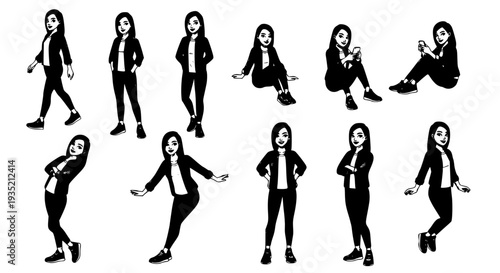 Red Hair Woman Denim Jacket Character Set – Trendy Casual Female Lifestyle Vector Collection