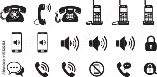 Black and white of various phones and communication symbols mobile phone landline