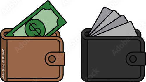 Illustration of two wallets showing cash and cards for financial management and budgeting Vector