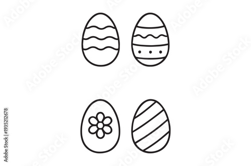 Simple black and white line drawing of four decorated easter eggs