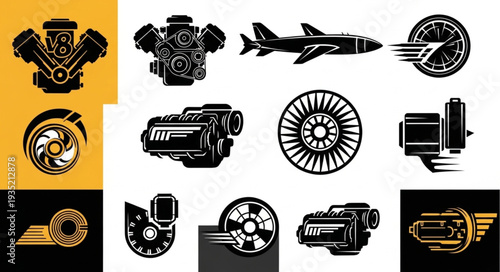 Collection of mechanical engine and airplane vector icons.