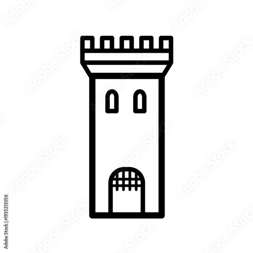Medieval castle tower with gate, line art vector icon