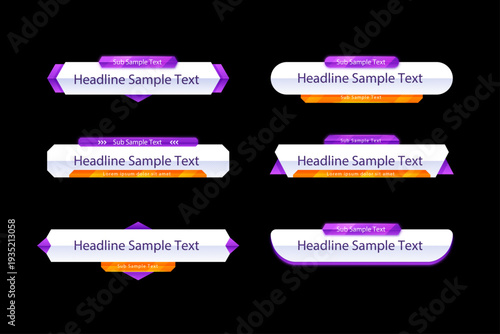 A collection of brightly colored lower third graphics with sample text for video editing and broadcasting