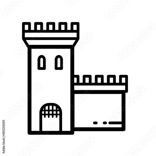 Medieval castle tower and wall, line art vector icon