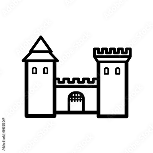 Medieval castle with two towers and gate, line art vector icon
