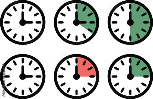Six stylized clock faces with varying time and color indicators displayed in two rows of three Vector