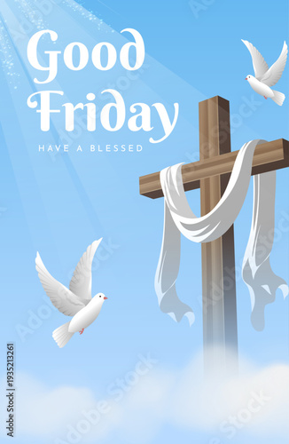 Peaceful Good Friday Scene with Wooden Cross, White cross drape and Flying Doves in Blue Sky