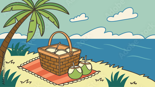 Relaxing beach picnic setup with palm tree and ocean view