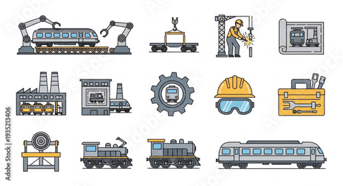Collection of industrial and transportation icons including trains and factory elements.