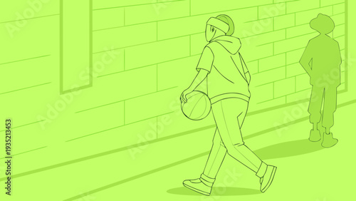 Teenager dribbling basketball confidently down urban street