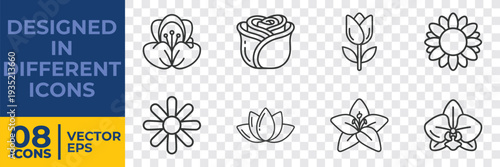 A collection of 8 minimalist vector floral icons, including flowers, buds, and a jar, designed in a flat style for versatile graphic use.