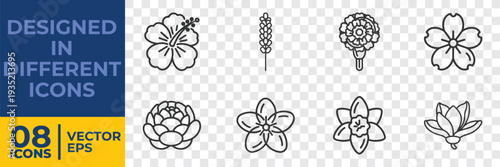 A collection of 8 minimalist vector floral icons designed in flat style, featuring various flowers and buds in clean line art.
