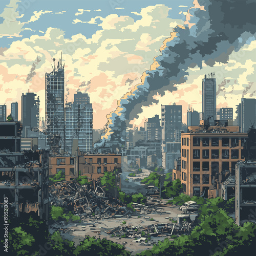 Pixel art cityscape with ruined buildings and smoke rising high. , vector style simple color