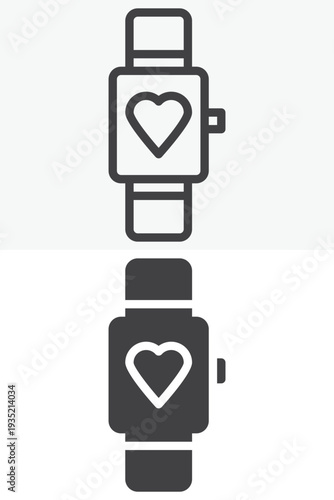 Fitness smart watch tracker icon set with health monitoring display. Line outline and solid icon versions with editable stroke. Vector sign and symbol for workout smartwatch device icon.