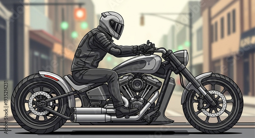 Man riding a custom motorcycle on a city street.