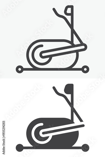 Elliptical trainer machine icon set for cardio workout equipment. Line outline and solid icon versions with editable stroke. Vector sign and symbol for gym elliptical fitness machine icon.