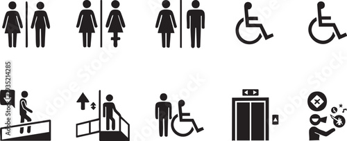 Black and white pictograms of people using facilities accessibility signs symbols