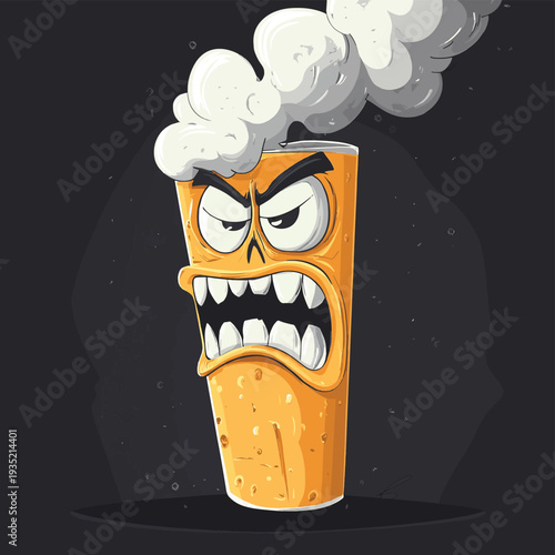 Cartoon cigarette character with a mean angry face and sharp teeth exhaling plumes of smoke on a dark background for anti smoking ads