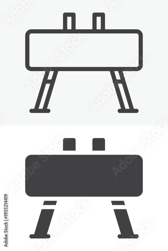 Gym pommel horse apparatus icon set for gymnastics training. Line outline and solid icon versions with editable stroke. Vector sign and symbol for sport gymnastics pommel horse icon.
