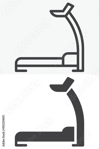 Gym treadmill running machine icon set for cardio training. Line outline and solid icon versions with editable stroke. Vector sign and symbol for fitness treadmill workout equipment icon.