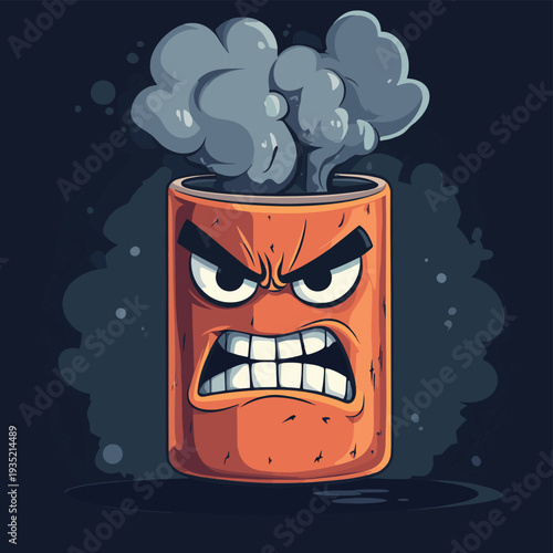 Cartoon cigarette character with a mean angry face and sharp teeth exhaling plumes of smoke on a dark background for anti smoking ads