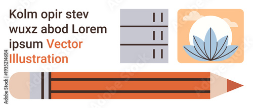 Education, creativity, nature, design, graphic resources, content creation. Pencil illustration, lotus flower and abstract text layout. Education and creativity in design concepts