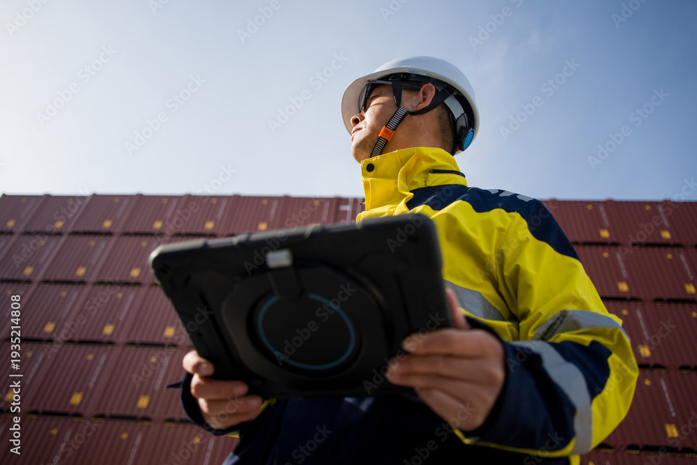 Fototapeta premium Port worker wearing safety helmet holding tablet for container inspection at shipping yard