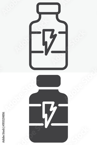 Whey protein jar supplement icon set for fitness nutrition. Line outline and solid icon versions with editable stroke. Vector sign and symbol for gym protein powder container icon.