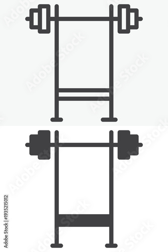 Bench press rack icon set with barbell training station. Line outline and solid icon versions with editable stroke. Vector sign and symbol for gym bench press weightlifting icon.